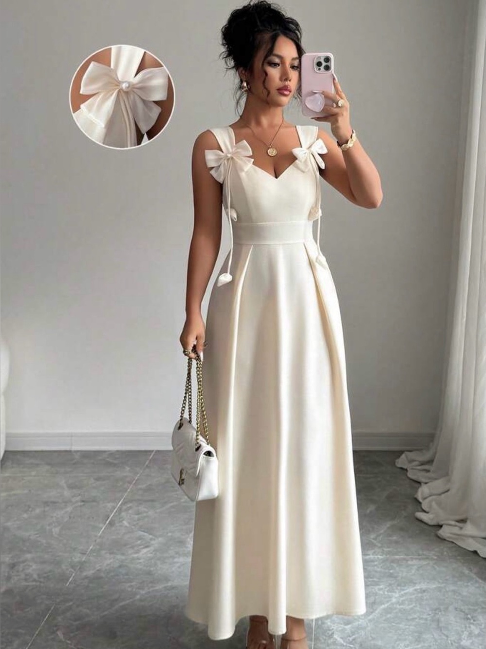 Elegant Cream Bow-Shoulder Evening Dress NWOT